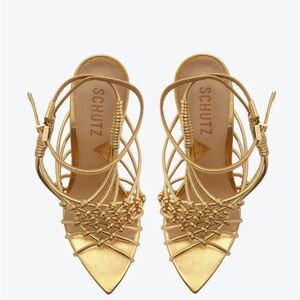 Schutz Tinah Gold Woven Cage Stiletto Sandals Metallic Pointed Toe Size 9